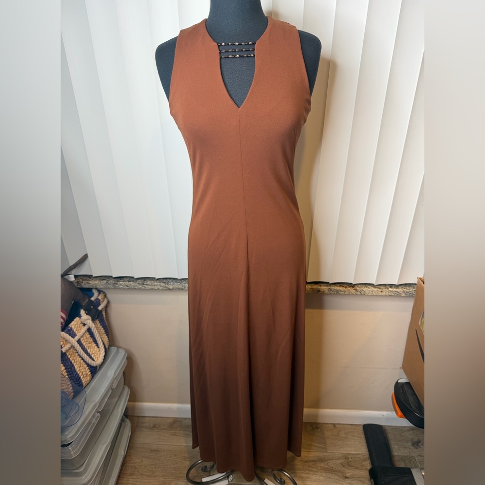 Kay Unger Brown Beaded Neckline Sleeveless Boho Resortwear Maxi Dress Size 10
